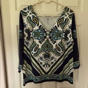 Talbots Blue and Black Graphic 3/4 Sleeve Blouse